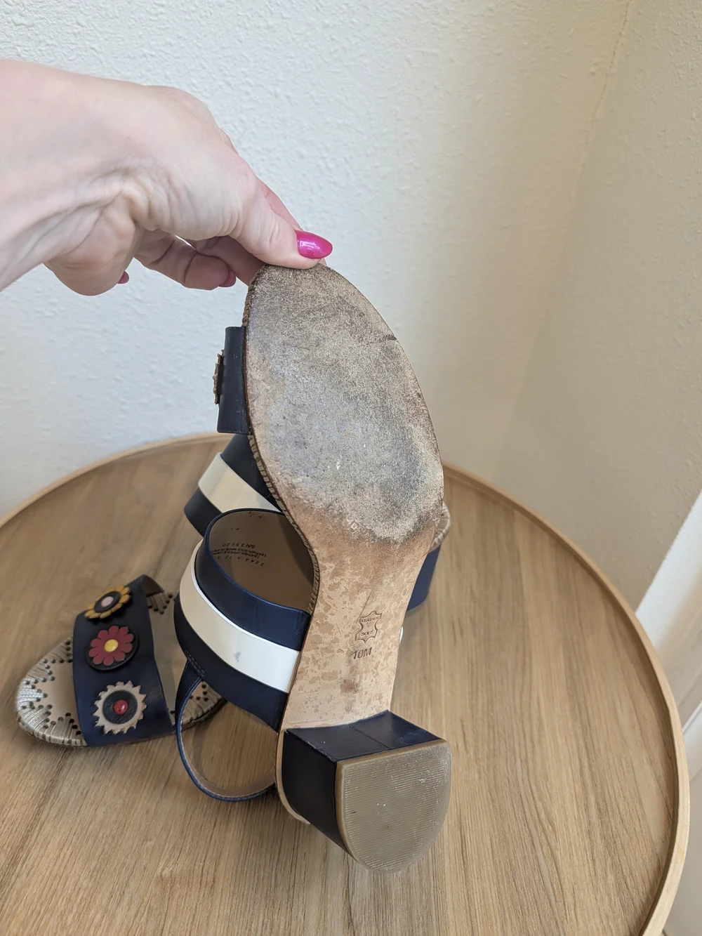 Tory Burch Navy and White Floral Appliqué Block Heel Sandals